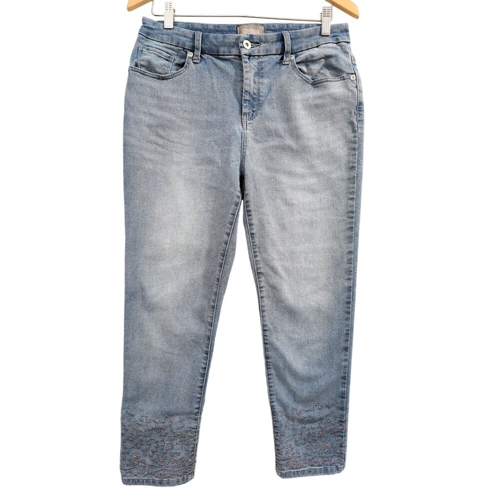 Chicos Ankle Jeans Size .5 Womens 6 Blue Embroidered Stretch Denim Casual‎